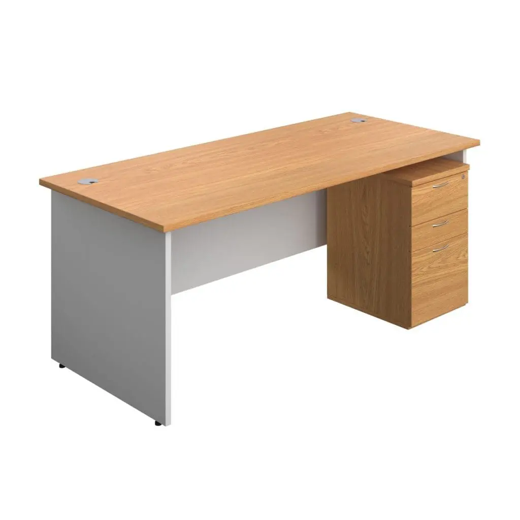Rectangular office desk with white legs, modesty panel, and grey cable ports