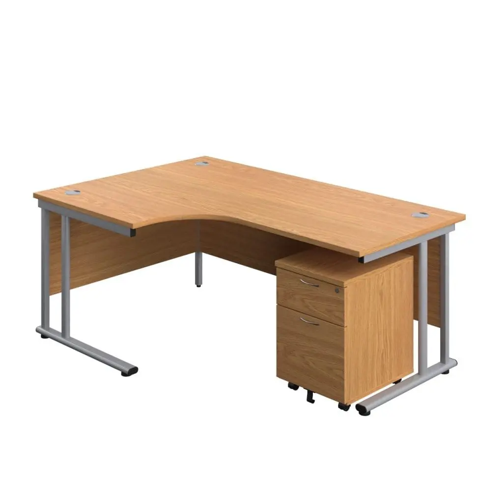 Left hand radial desk with wooden top, white steel legs, and cable ports