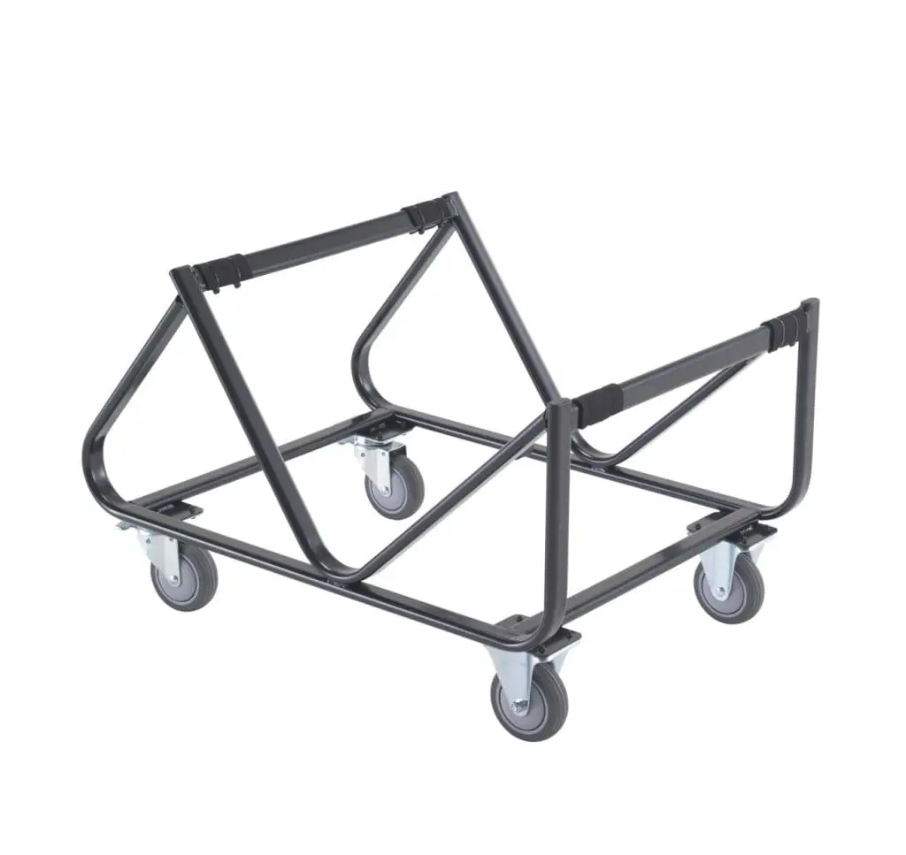 Black metal-framed Twilight chair trolley with large castors for stacking and transporting up to 25 chairs