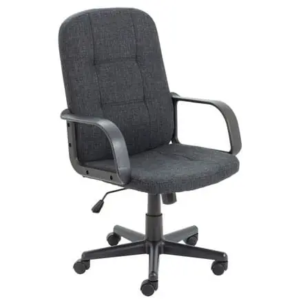 Executive office chair with PU fabric, fixed arms, and black swivel base with castors