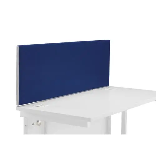 Straight upholstered desktop screen with white trim attached to office desk