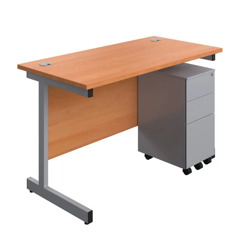 Rectangular desk with wood top, single steel leg and slimline pedestal