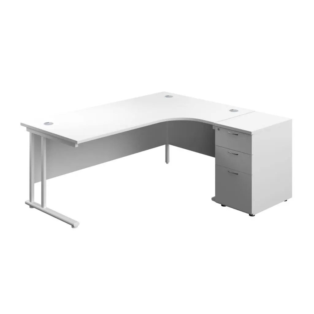 Right hand radial desk with desk-high 3 drawer pedestal and steel frame