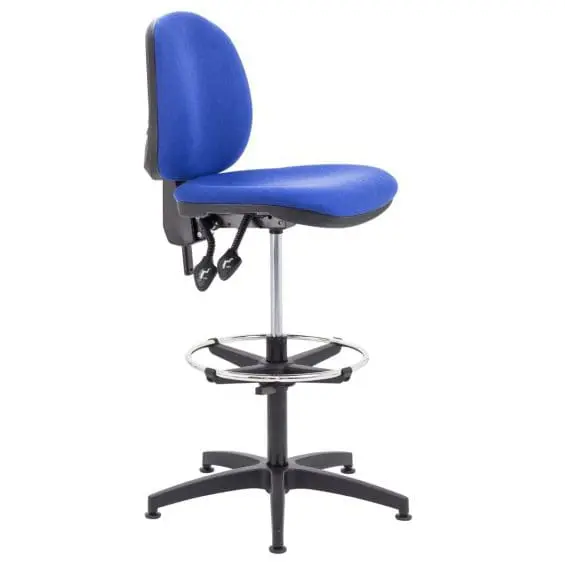 Mid-back adjustable draughtsman chair with chrome foot ring and armrests on black base