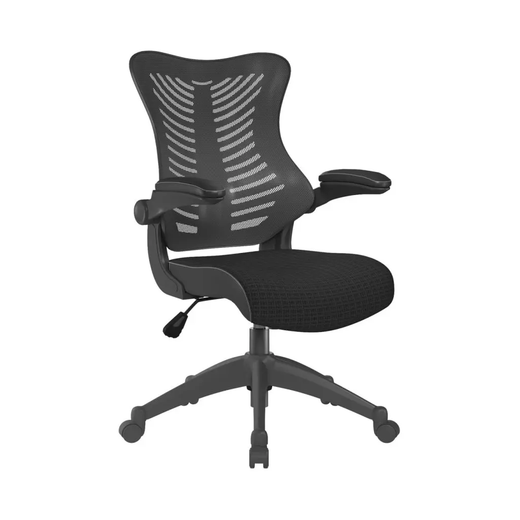 High back designer mesh office chair with folding arms, tilt adjustment, and black five-star base