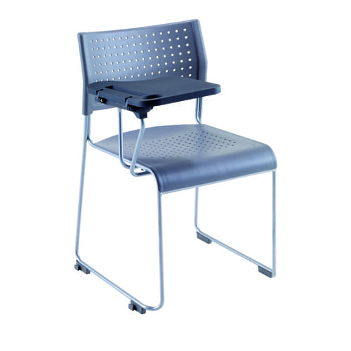 Twilight stacker chair with tablet arm, black perforated seat and tubular skid frame