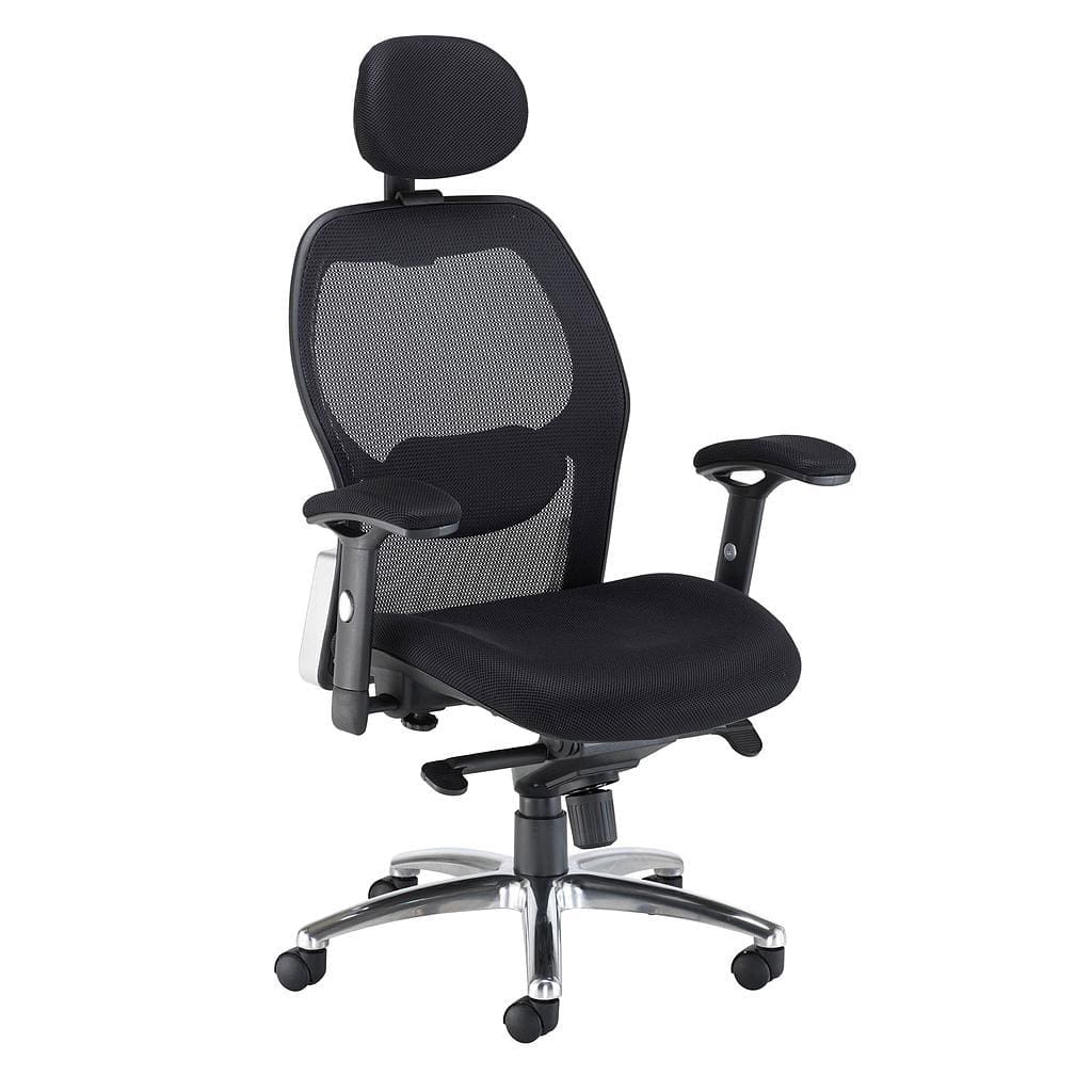 Mesh back office chair with adjustable arms, padded seat and chrome swivel base