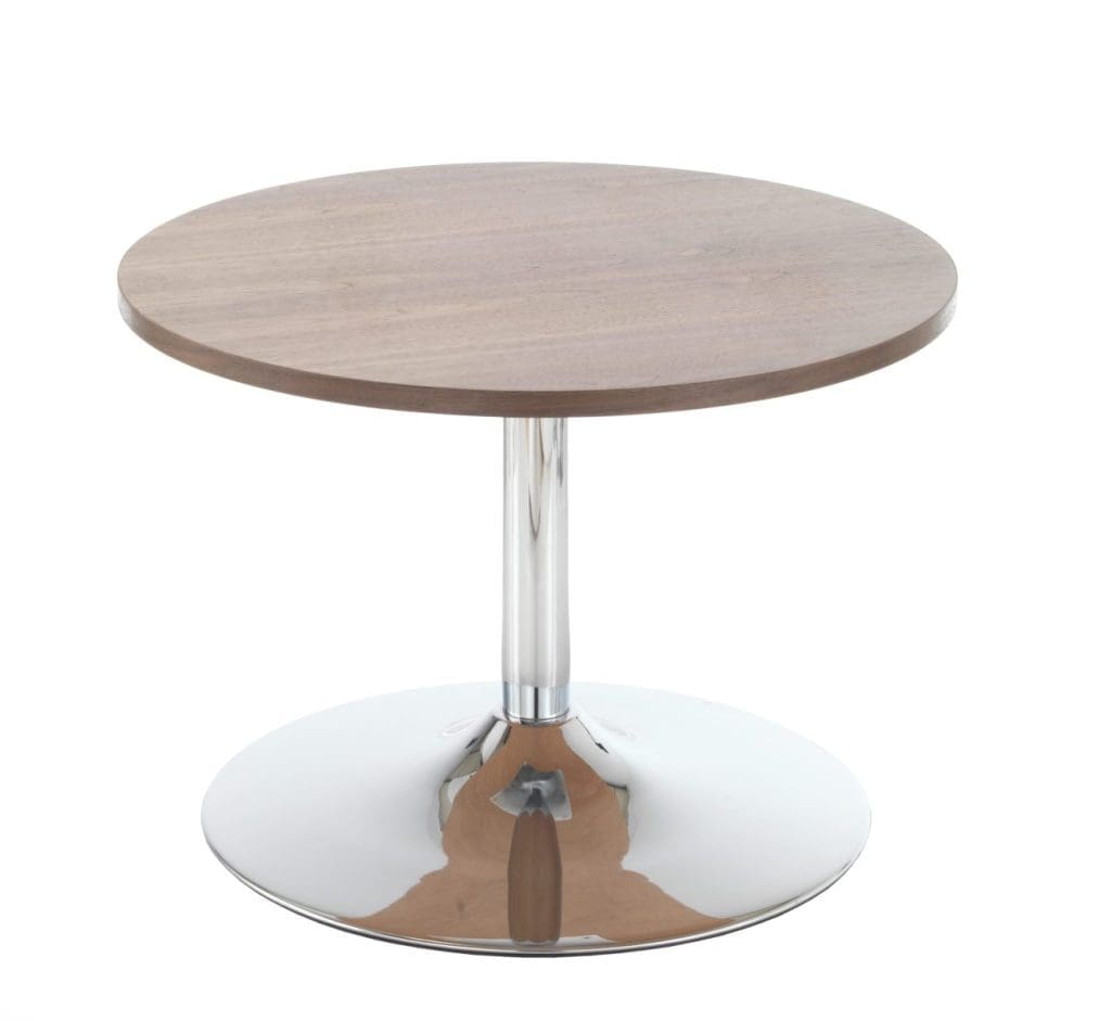 Astral low coffee table with chrome trumpet base and wood veneer top