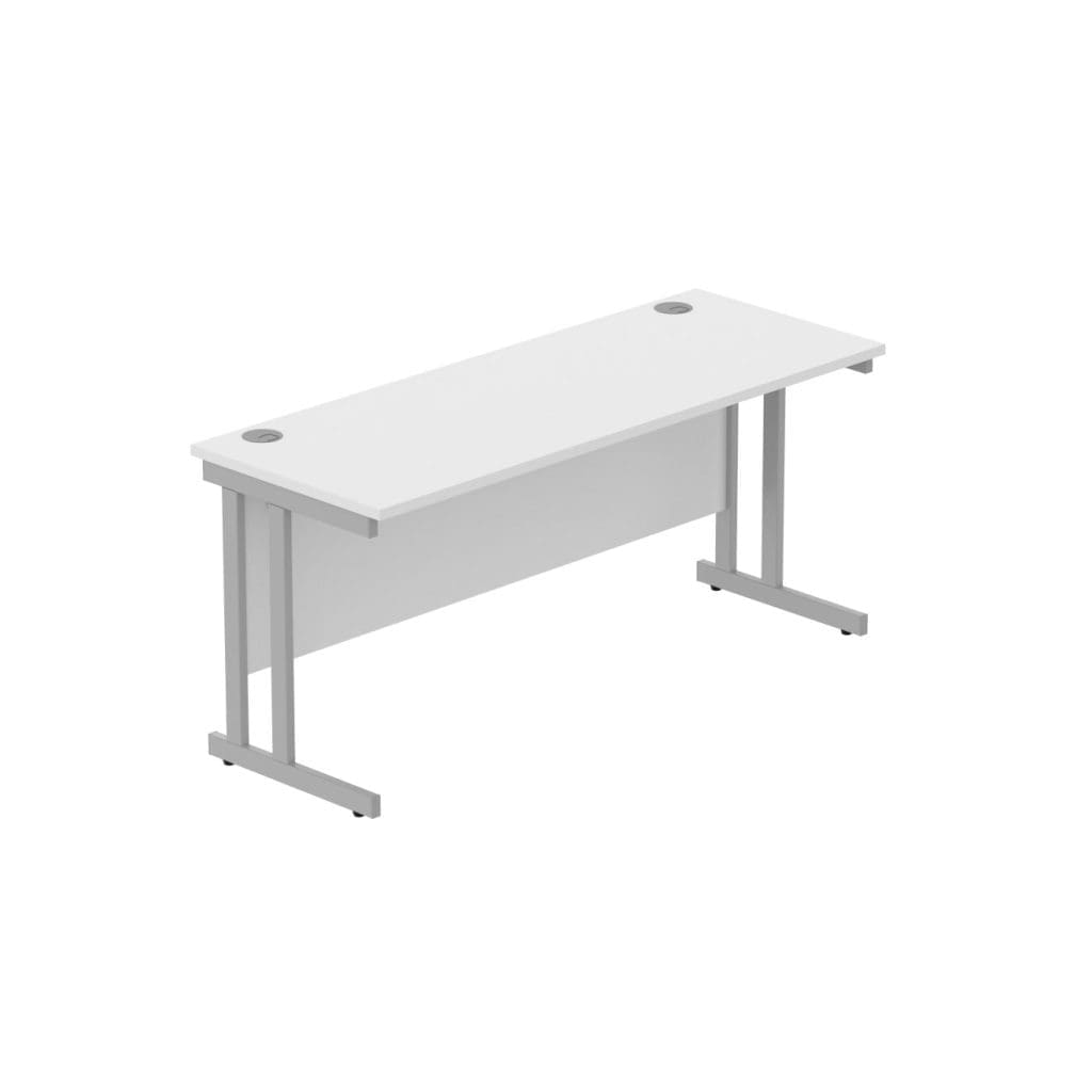 Rectangular desk with double upright steel frame and wooden top in a contemporary office