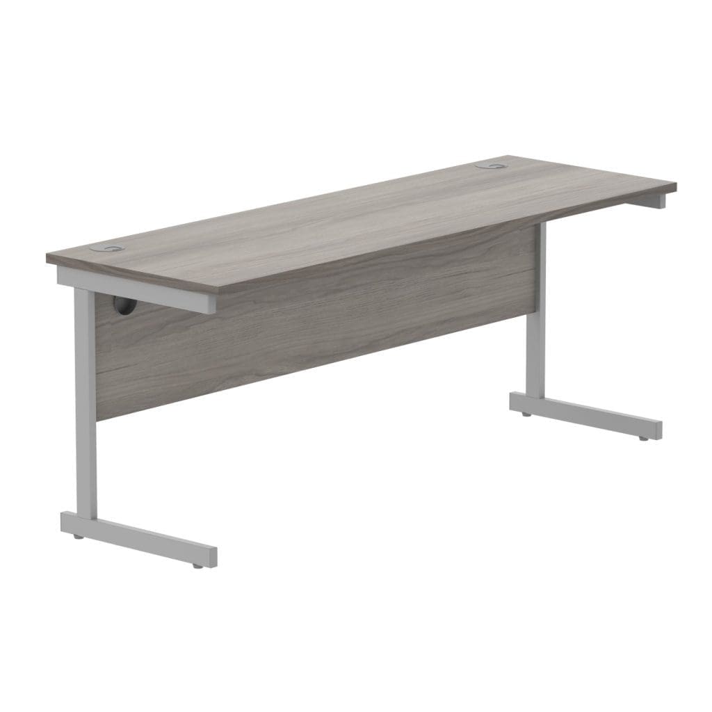 Rectangular desk with single upright steel frame and wooden top in modern office setting