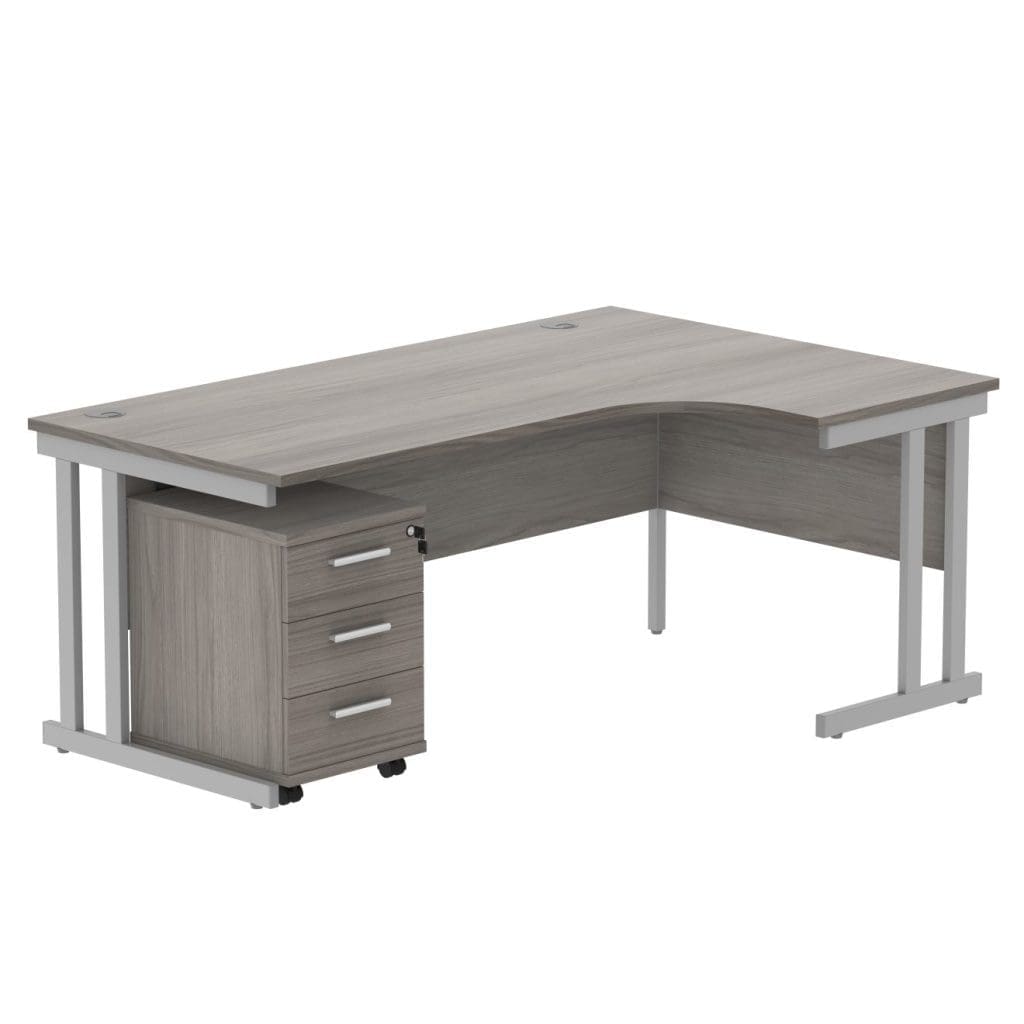 Right hand radial office desk with steel frame and 3-drawer mobile pedestal