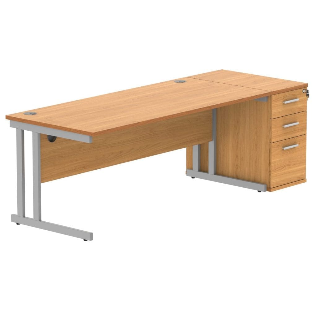 Rectangular office desk with desk high pedestal and steel frame