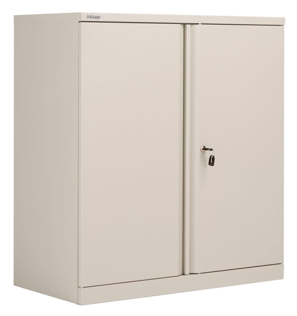 Bisley Essentials steel double door cupboard with flush front and shelves in office setting