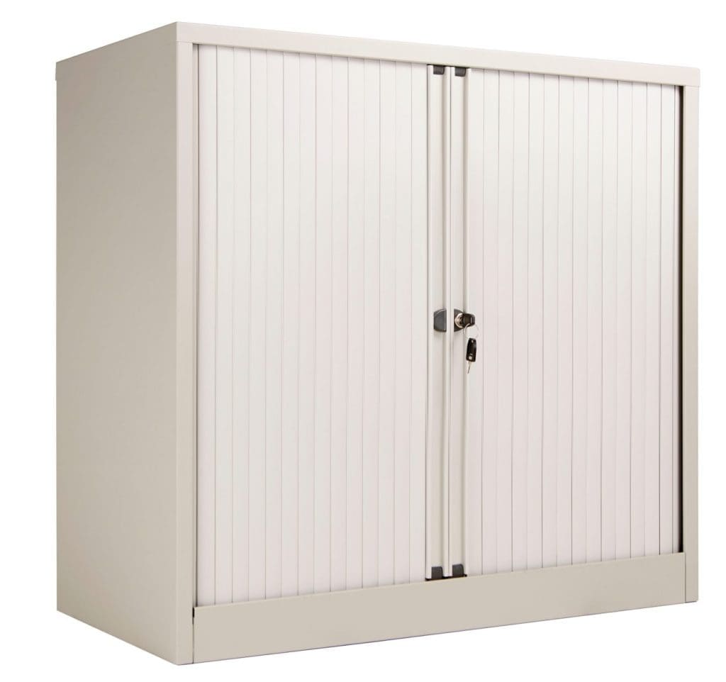 Bisley Essentials side-opening tambour cupboard with sliding steel doors in office setting