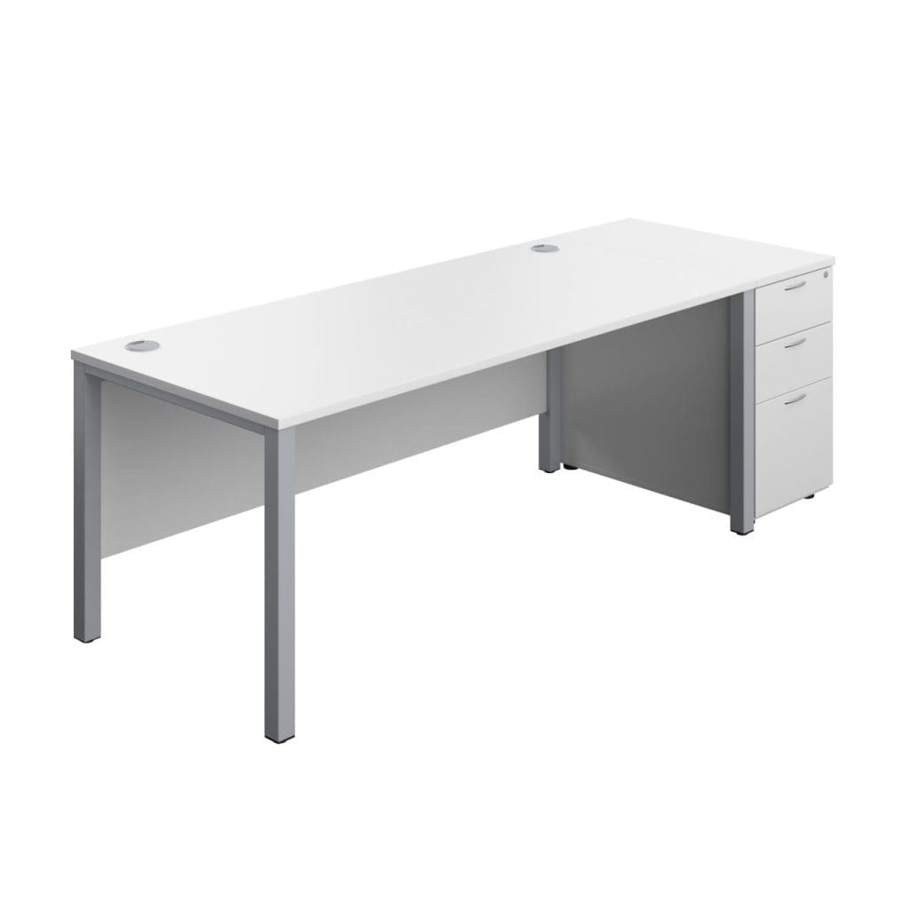 Modern rectangular office desk with steel goalpost legs, modesty panel, and built-in cable ports