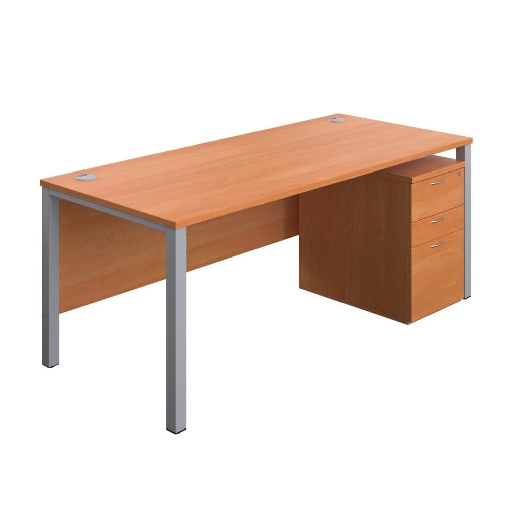 Rectangular desk with modern goalpost legs, modesty panel, and integrated cable ports