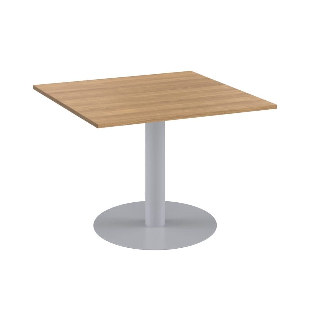Square meeting table with single central leg and wide base in modern office setting