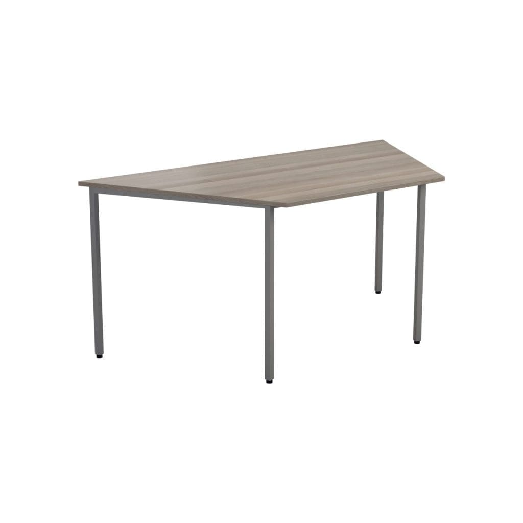 Trapezoidal office table with silver frame and light wood top in meeting setup