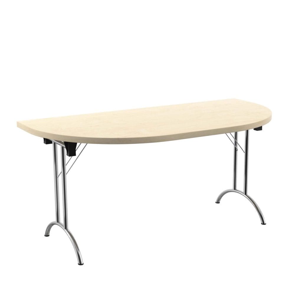 D-end folding table with tilting MFC top, lockable castors, and folding steel legs