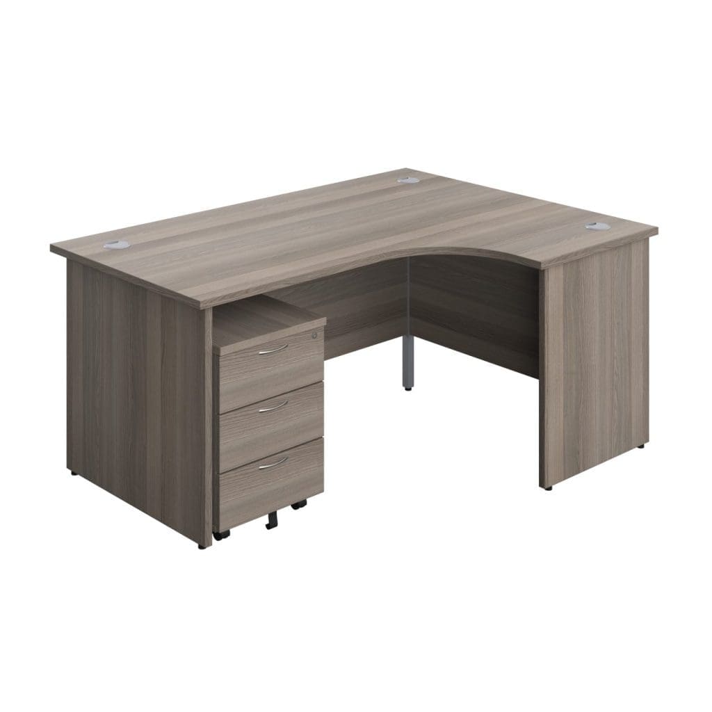 Panel Radial Desk with modesty panels, integrated cable ports, and wood finish