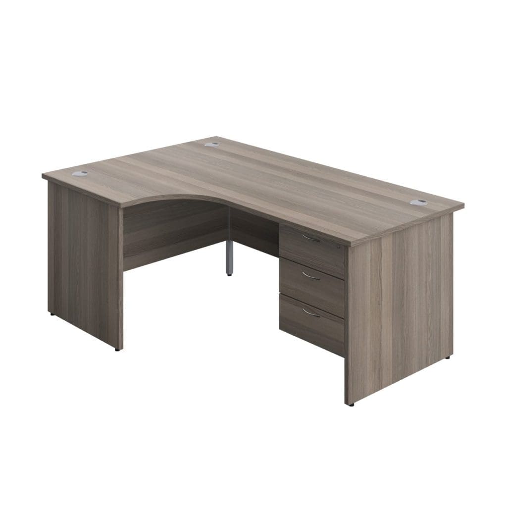 Curved panel radial desk with matching legs, grey cable ports, and modesty panel