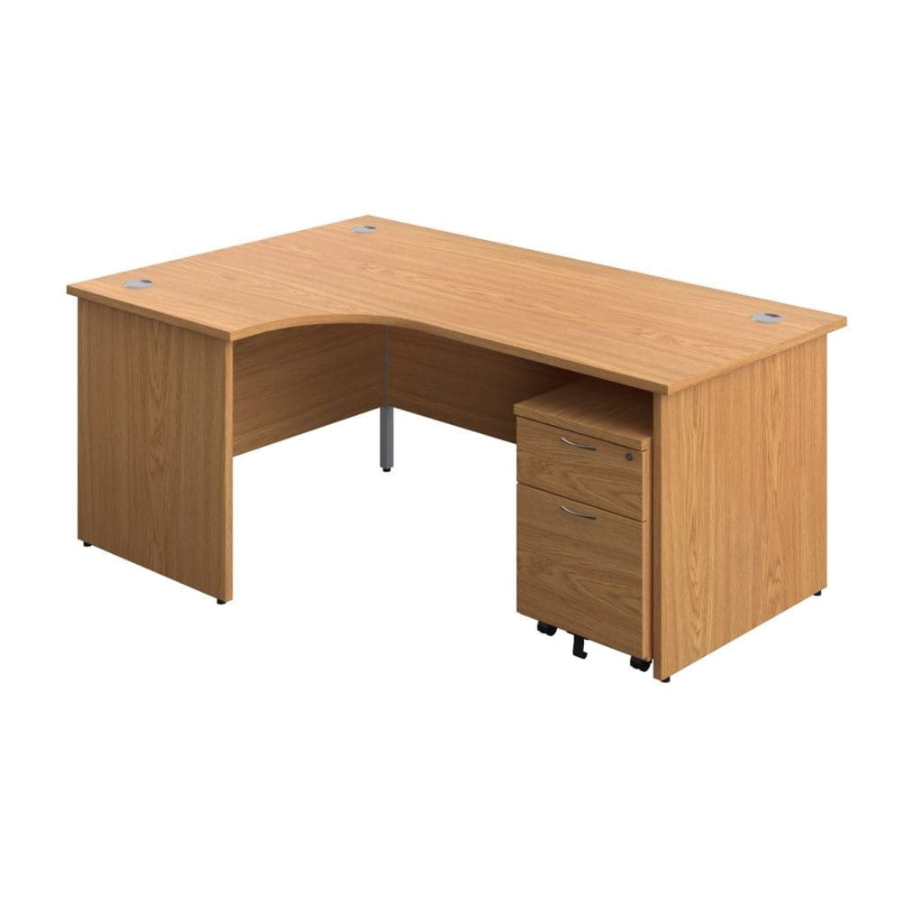 Radial office desk with matching legs, modesty panel, and integrated grey cable ports