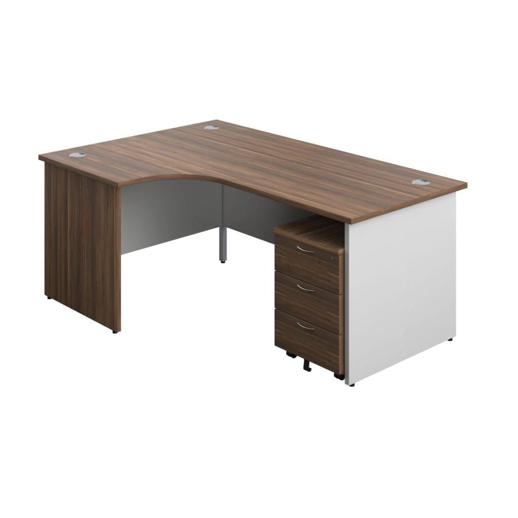 Curved panel radial desk with white legs, grey cable ports, and modesty panel