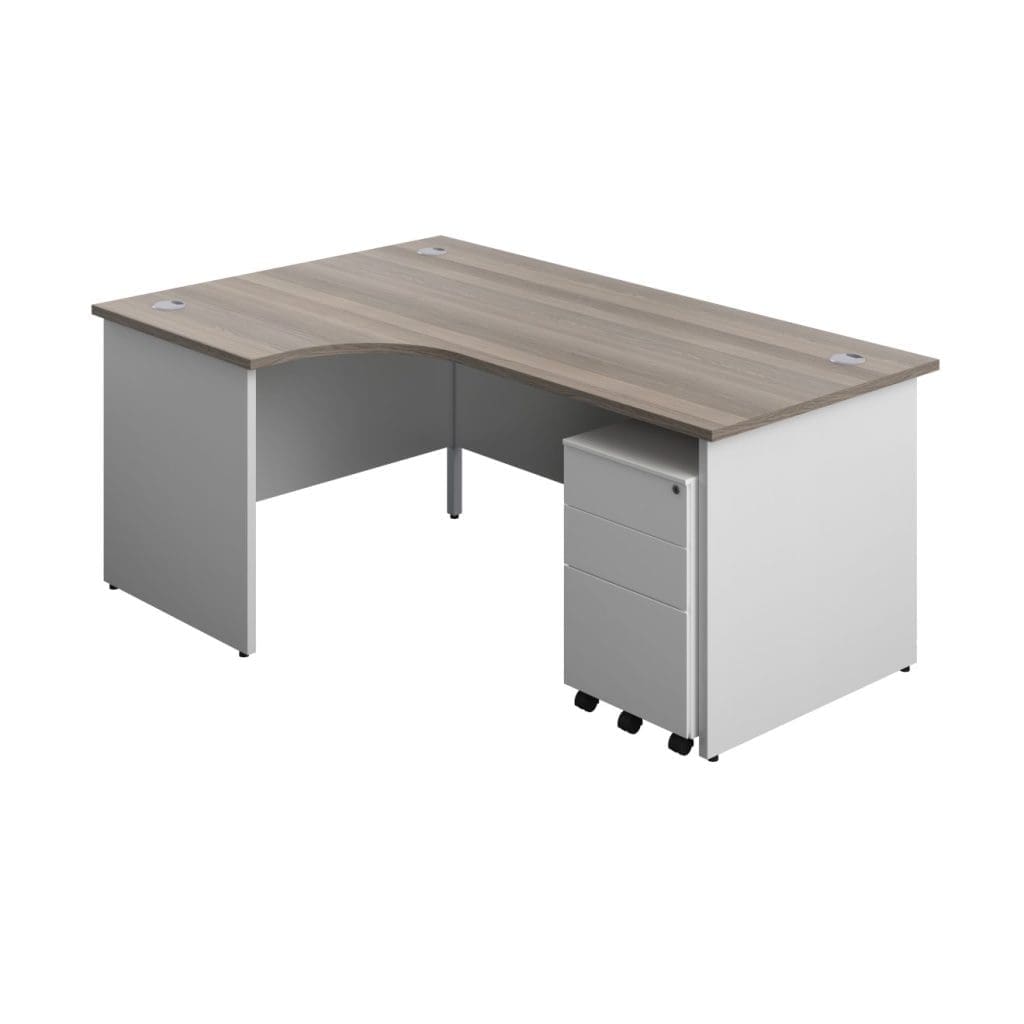 Radial office desk with white legs, grey cable ports, modesty panel, and wood finish top