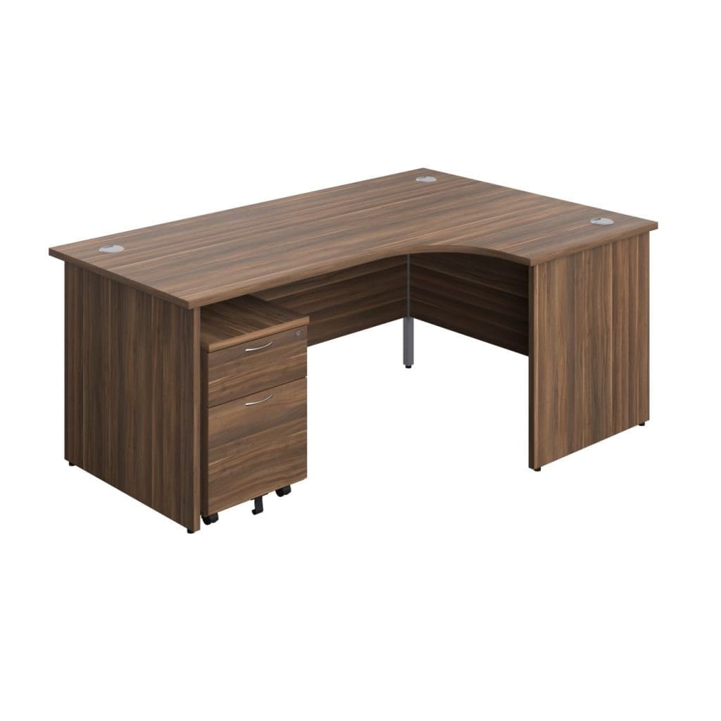 Wood finish panel radial desk with grey cable ports and modesty panel
