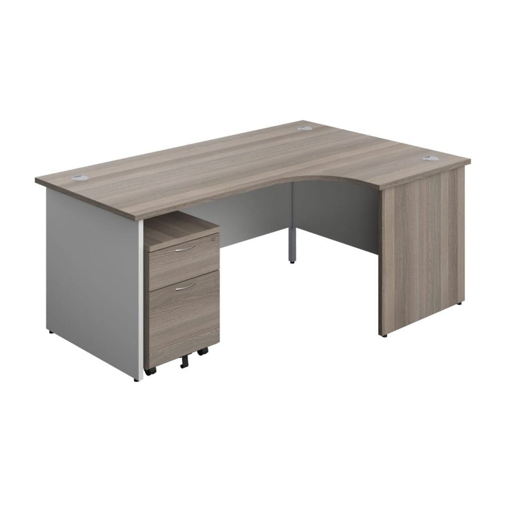 Rectangular panel desk with white legs, modesty panel, and grey cable ports