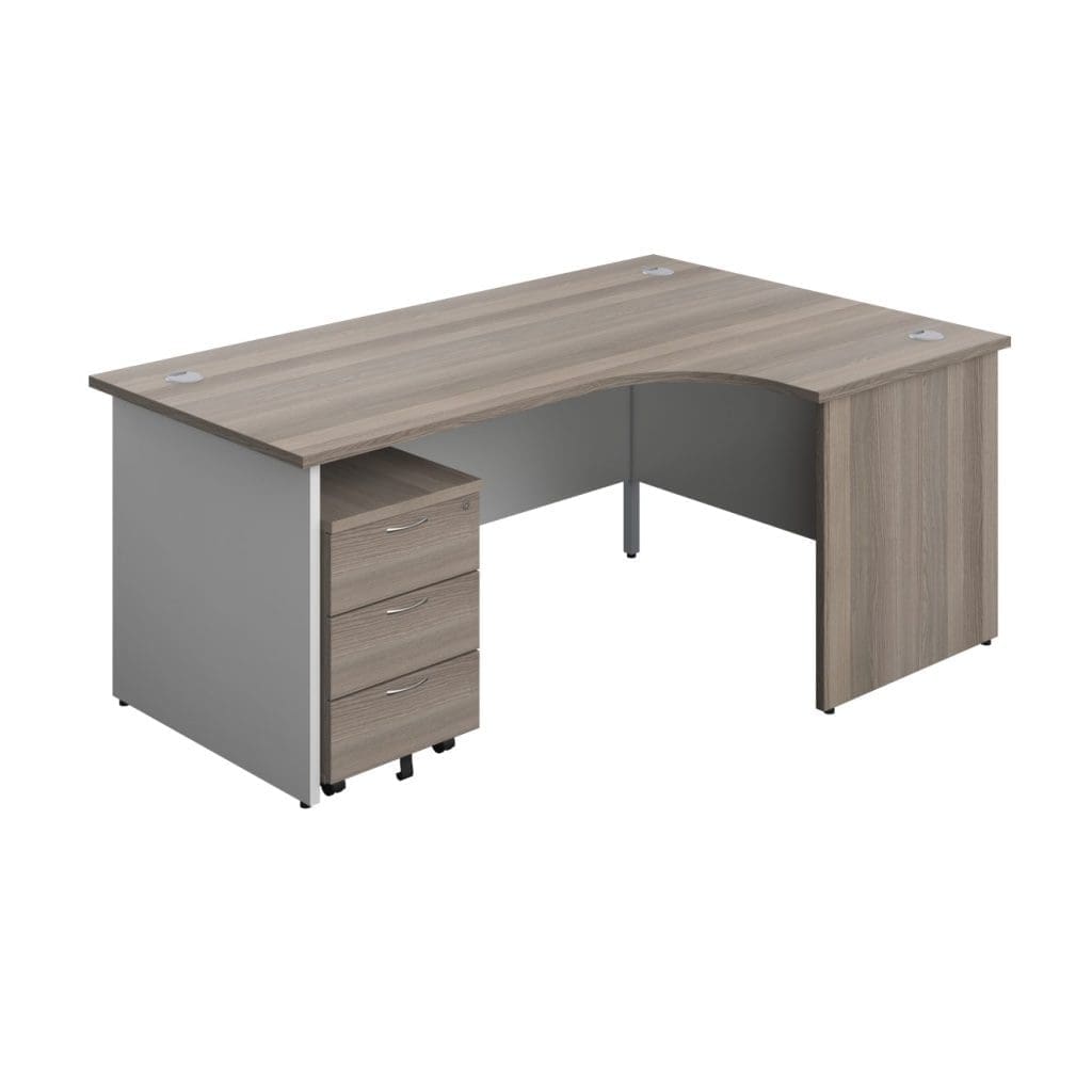 Radial office desk with white legs, grey cable ports, and modesty panel in wood finish