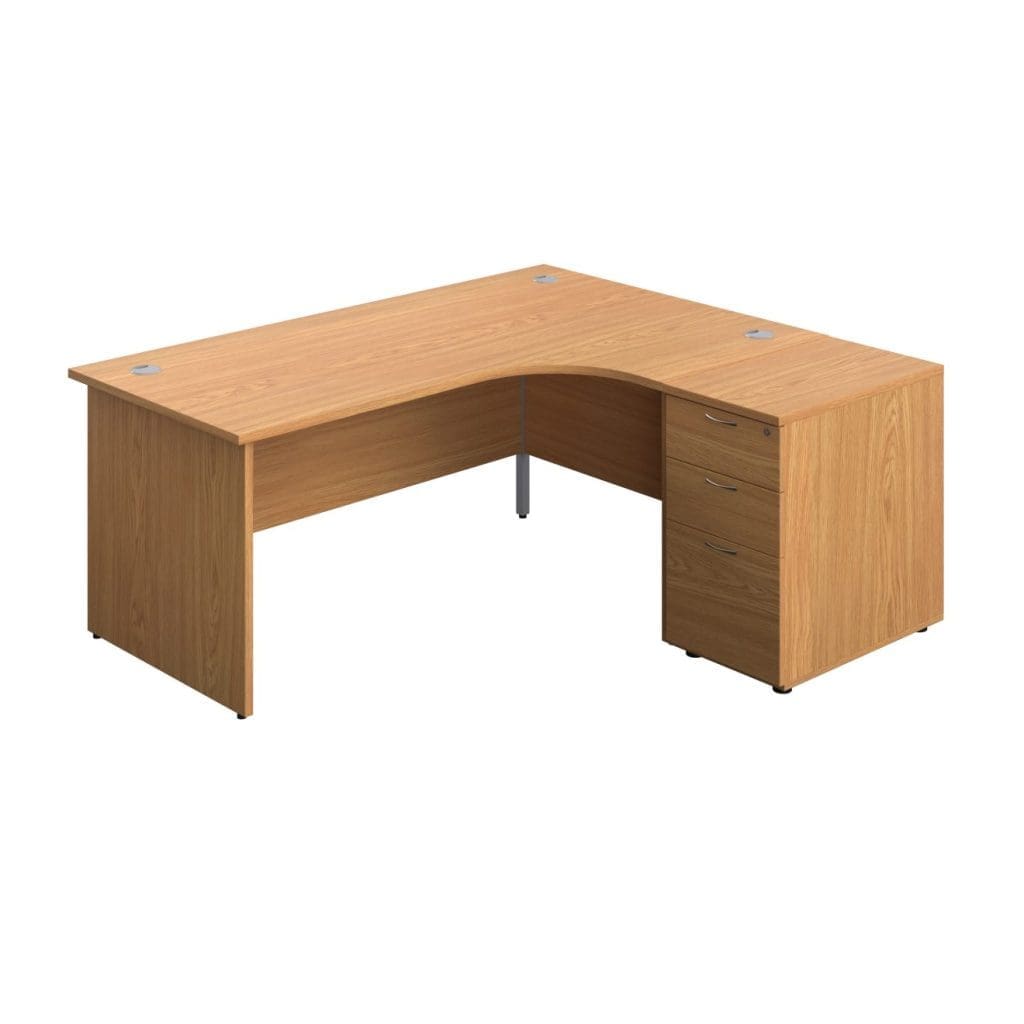 Panel Radial Desk with matching wood legs, modesty panels, and grey cable ports