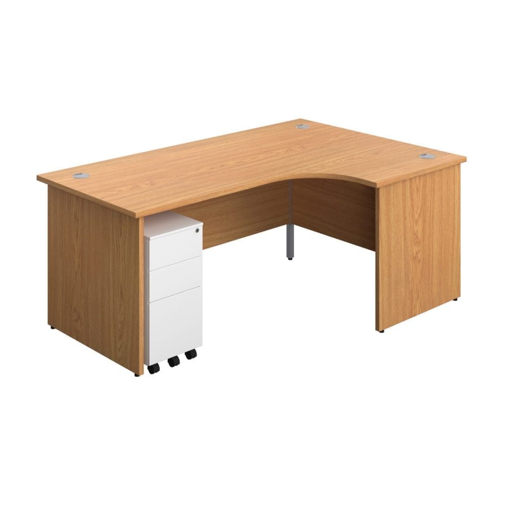 Panel Radial Desk with modesty panels and integrated cable ports in wood finish