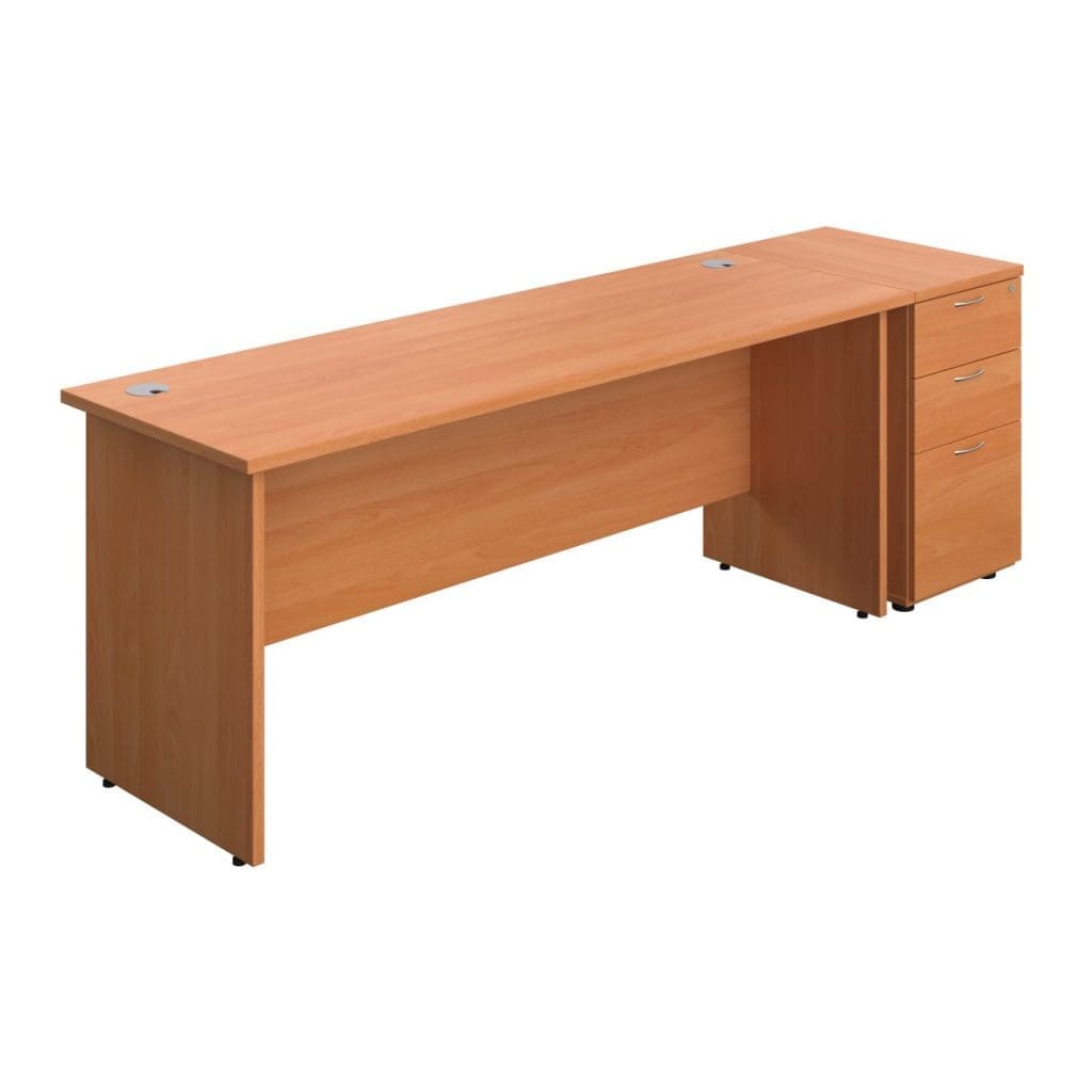Rectangular panel desk with modesty panel, matching legs, and grey cable ports