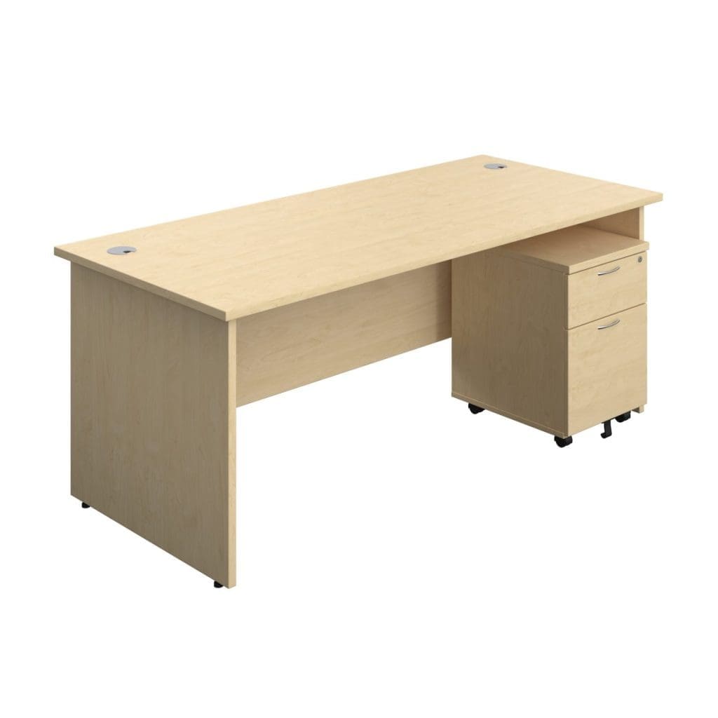 Rectangular office desk with matching modesty panel, grey cable ports, and wood finish legs