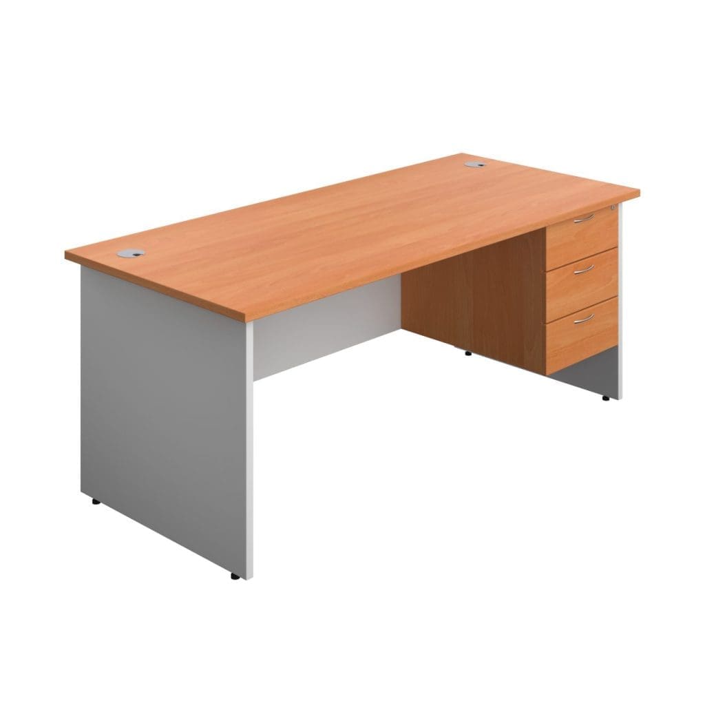 Rectangular panel desk with white legs, modesty panel, and integrated grey cable ports