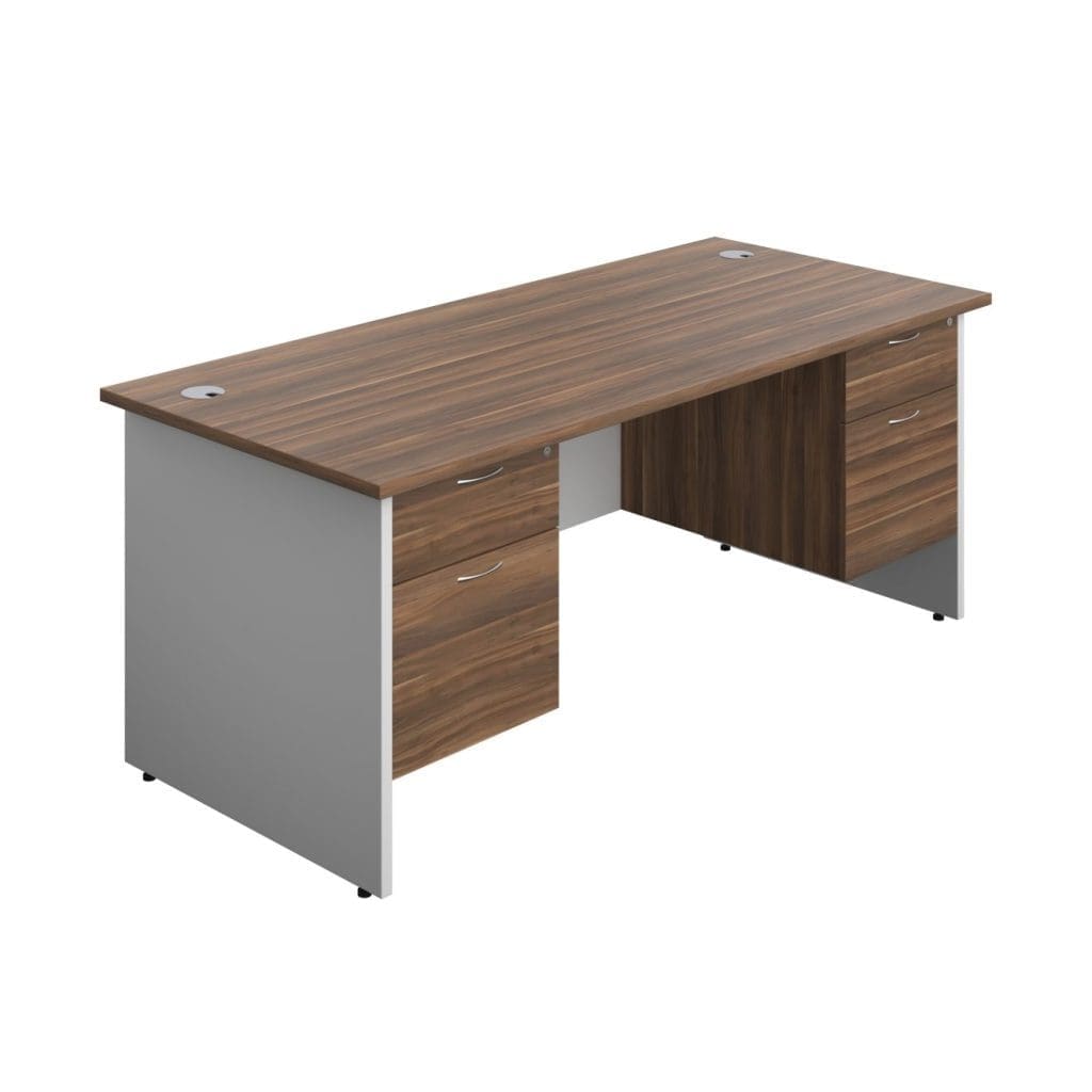 Rectangular office desk with white legs, modesty panel, and integrated grey cable ports