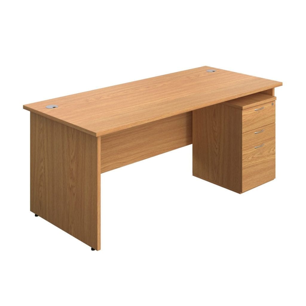 Rectangular panel office desk with matching wood finish legs, modesty panel, and grey cable ports