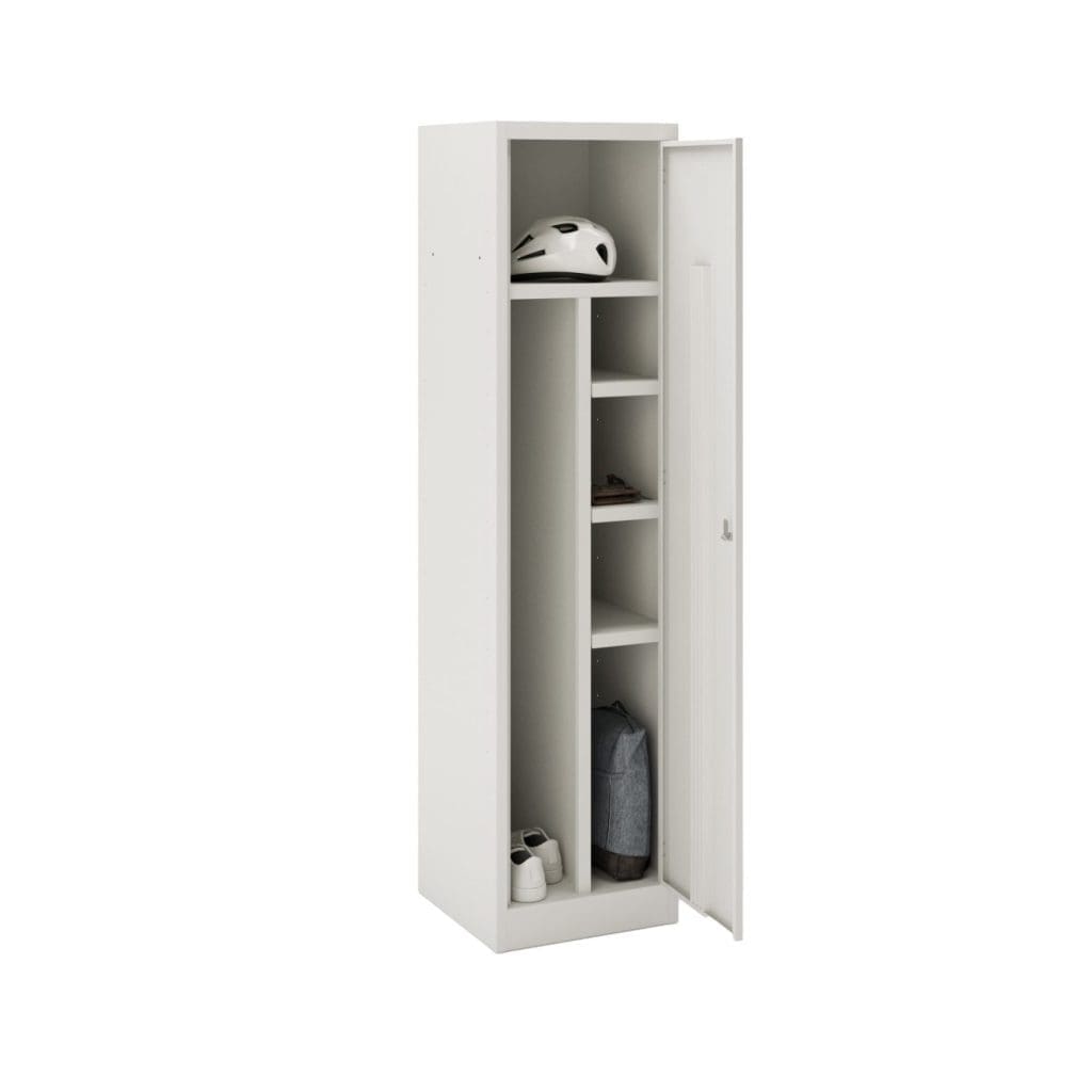 Steel workwear locker with cylinder lock, shelves, hanging rail and ventilated carcass