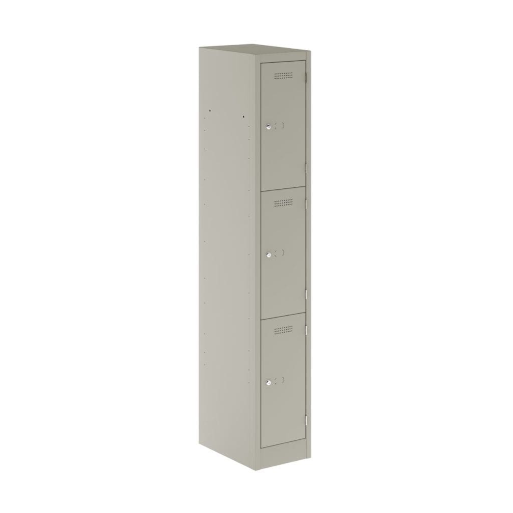 Three door steel locker in wide format with colourful lockable doors