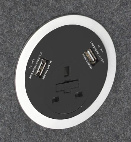 Phonic circular in-desk power port with black finish, UK socket, and USB charging