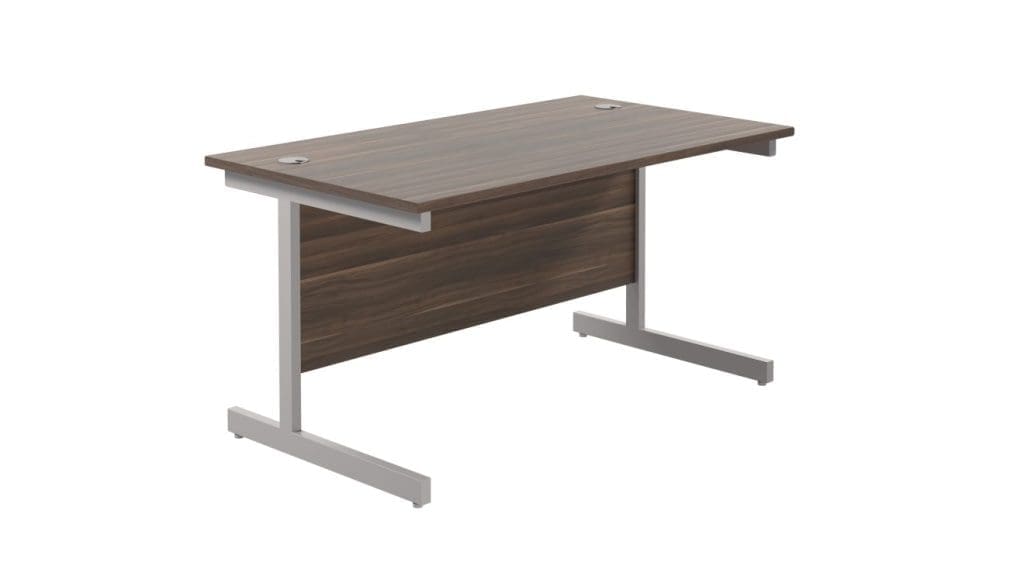 Rectangular office desk with cantilever steel frame, cable ports, and modesty panel