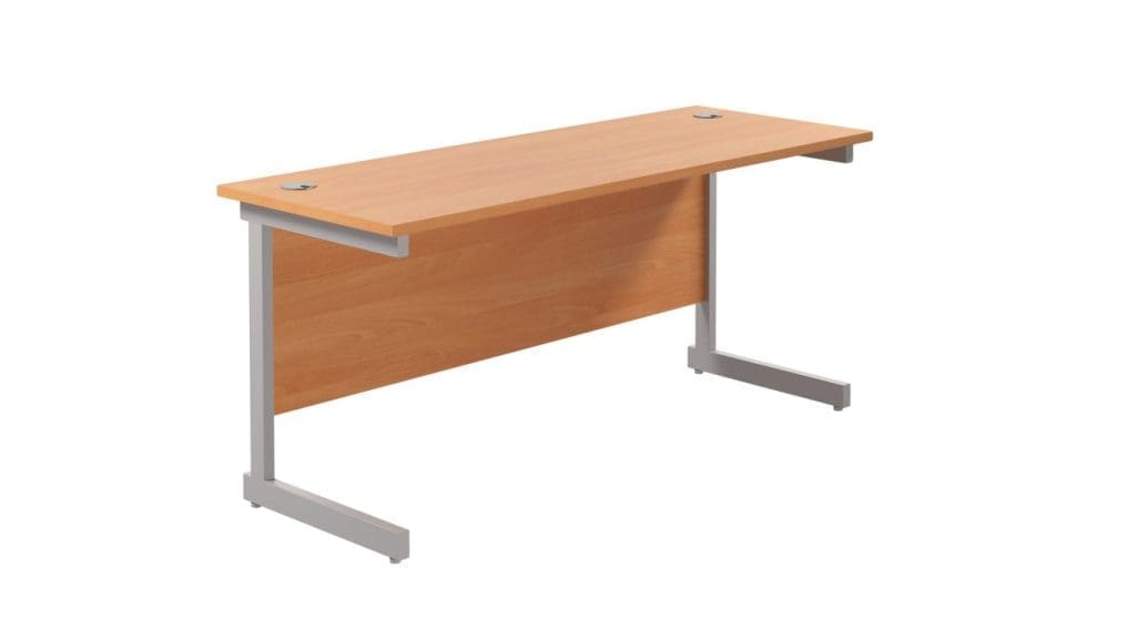 Modern rectangular desk with cantilever steel frame and cable ports