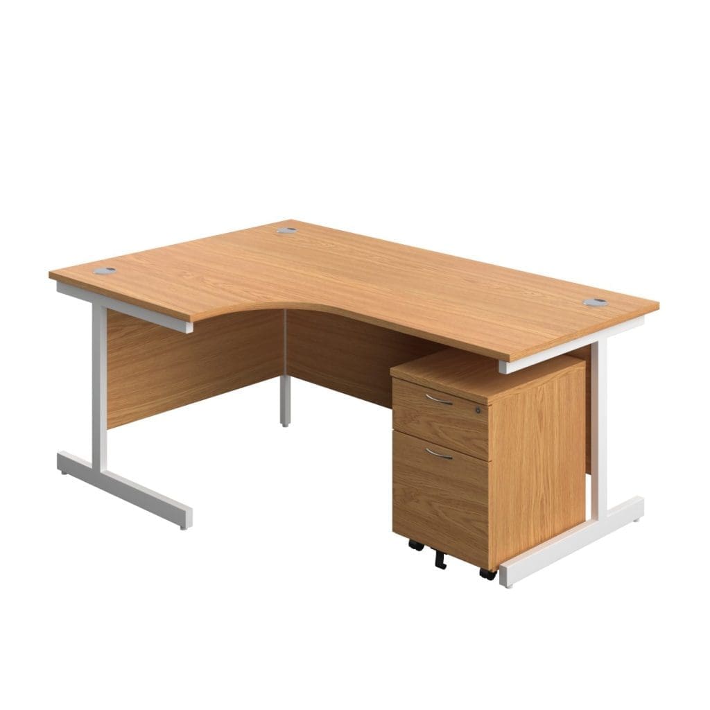 Left hand office desk with two drawer mobile pedestal and steel frame