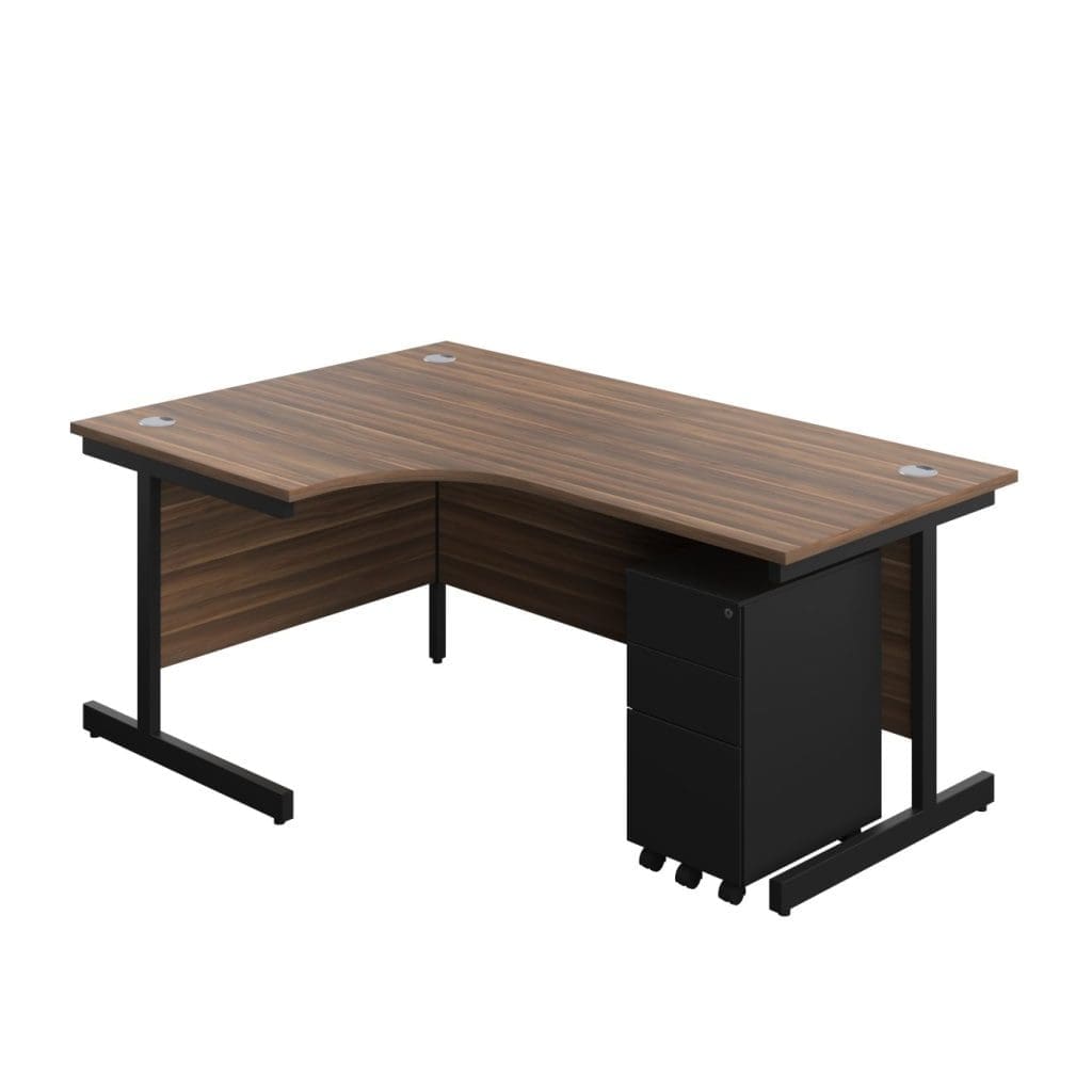 Left hand desk with slimline three drawer steel pedestal and wooden finish