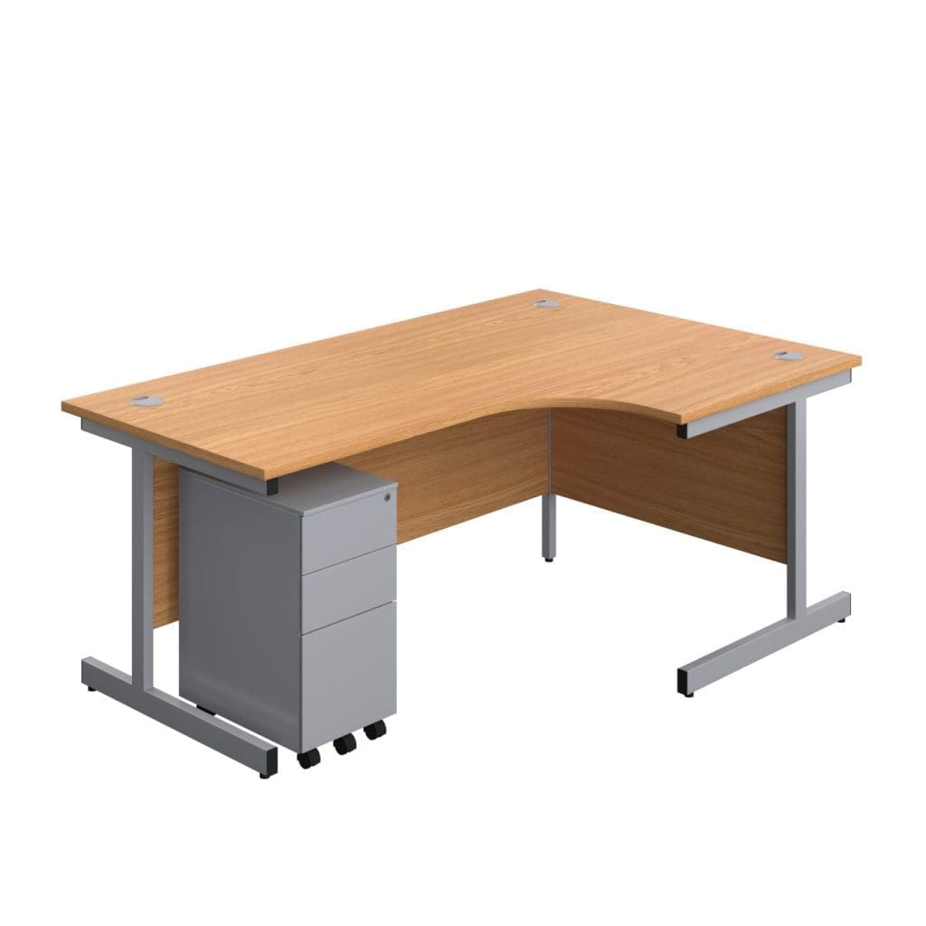 Right hand desk with single steel leg frame and under-desk storage pedestal