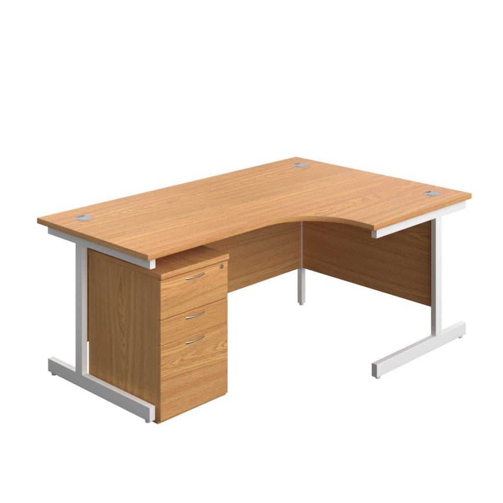 Right hand desk with single upright steel frame, wooden finish, and storage pedestal