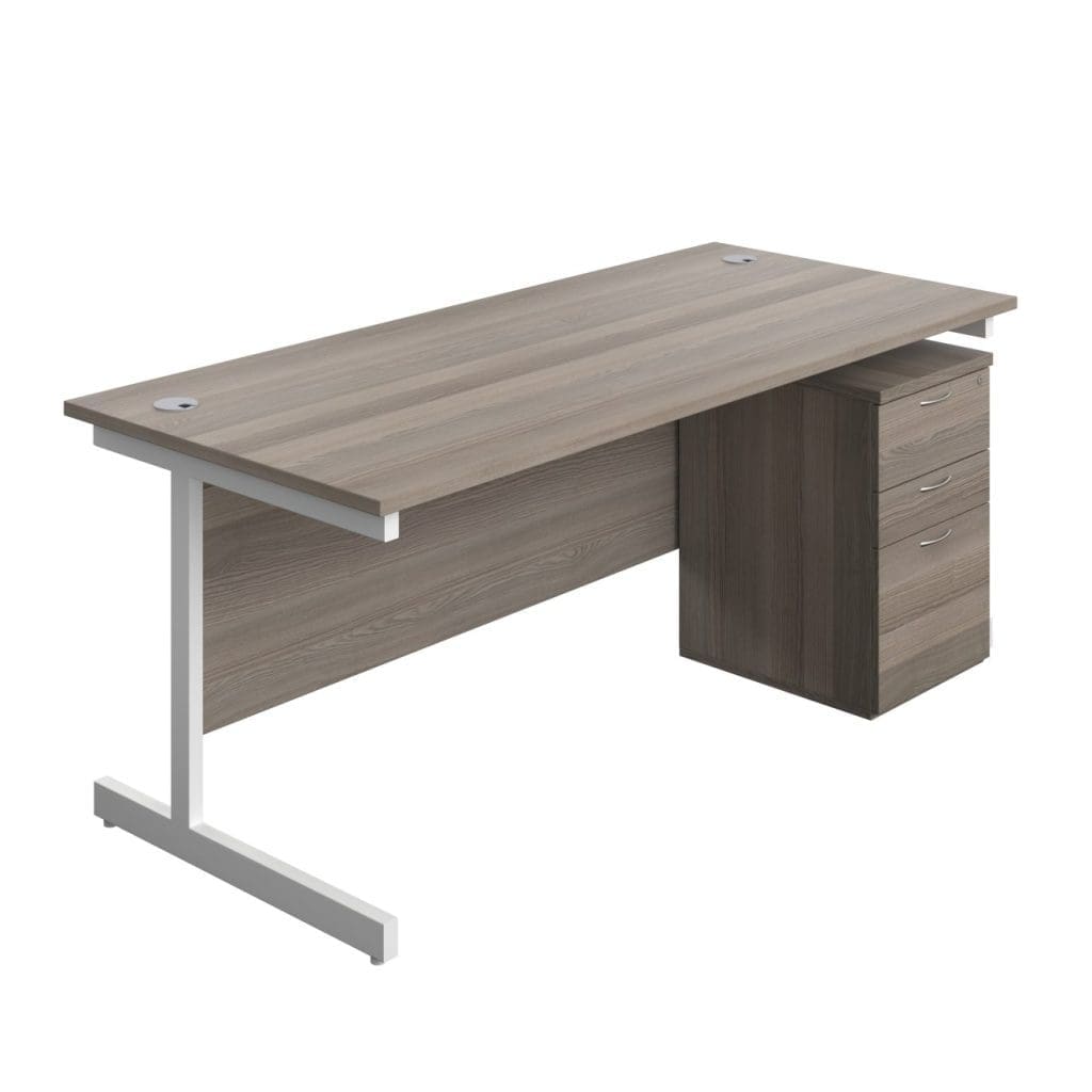 Rectangular office desk with wood top, steel frame, and tall mobile pedestal with drawers