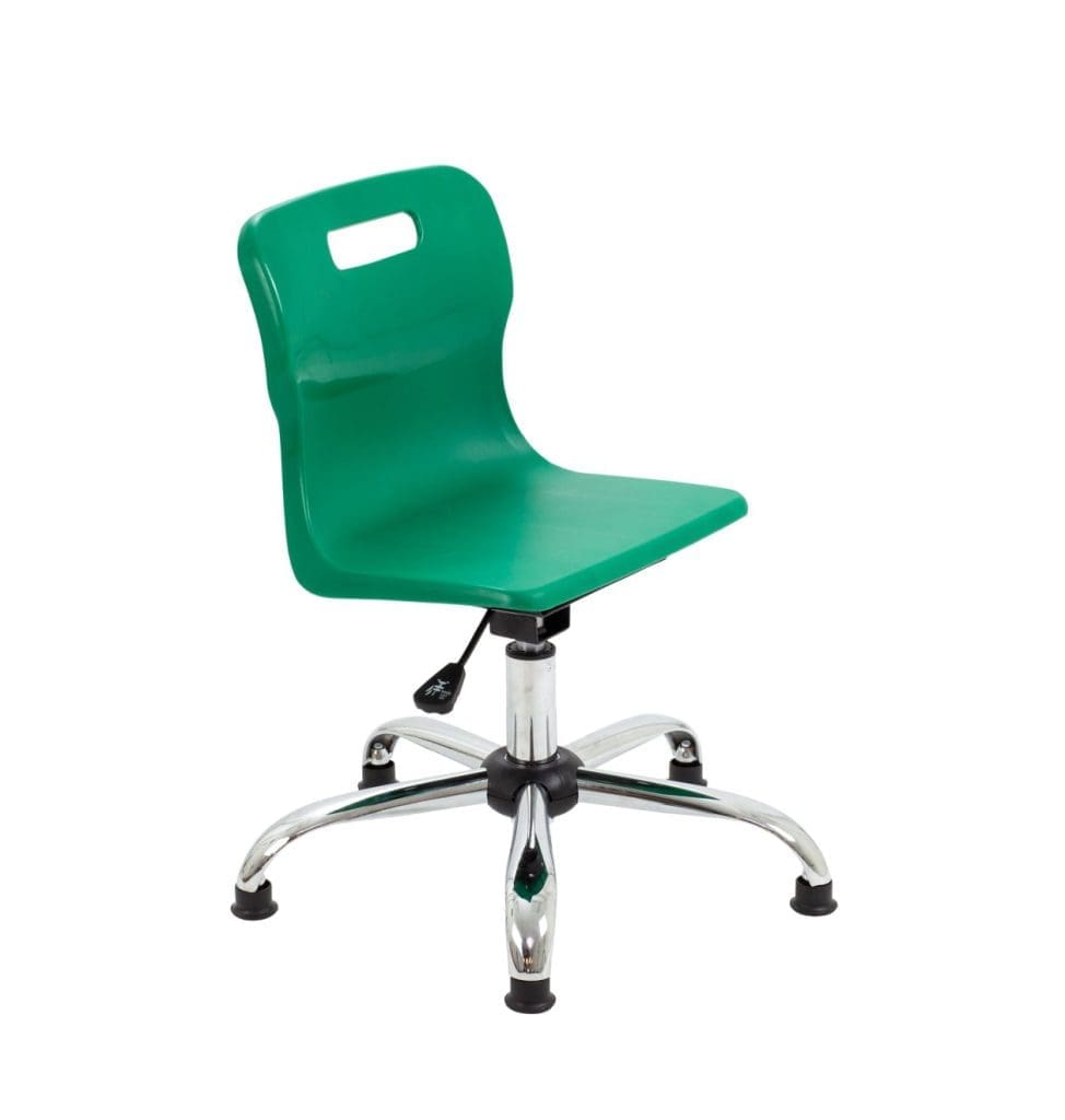 Titan junior swivel chair with chrome base, ergonomic seat, and black glides in classroom