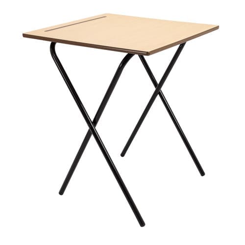 Titan folding exam desk with MDF top, black steel frame, and pen groove